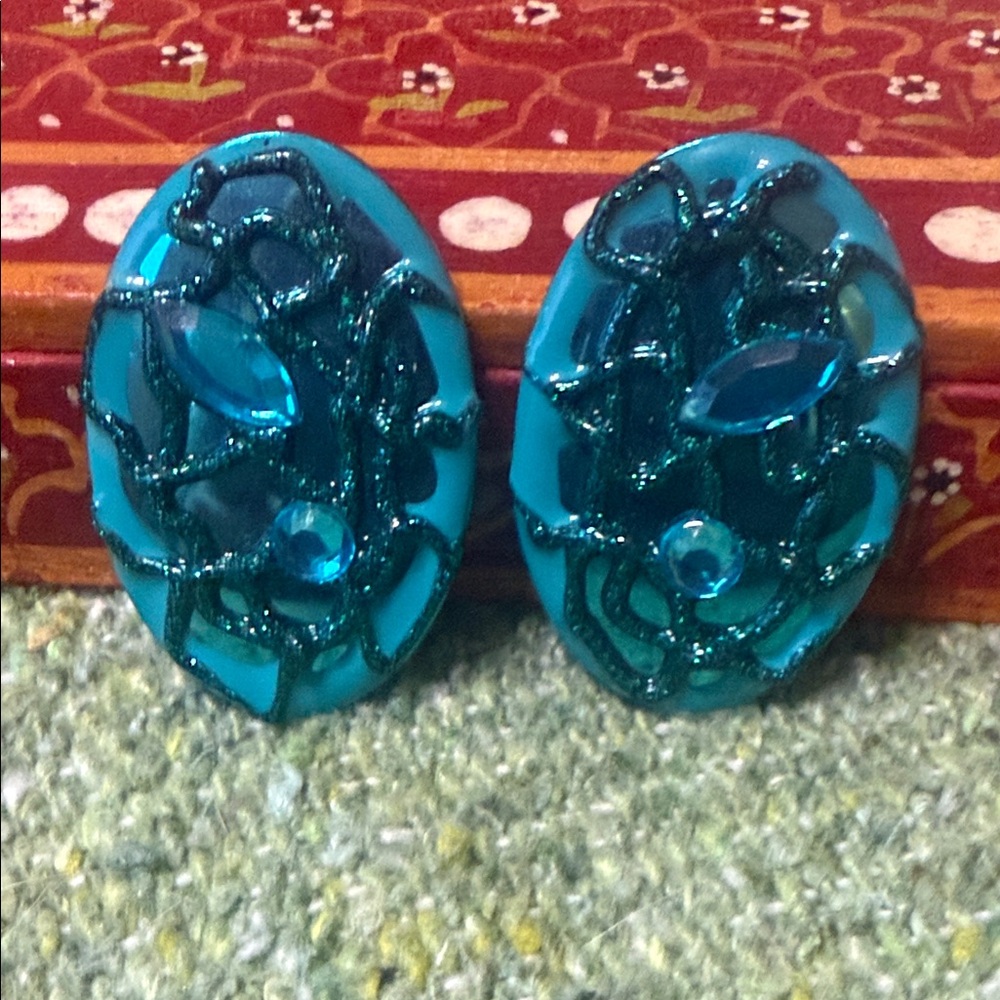 Turquoise Blue Oval Earrings w Intricate Detailing And Gem Accents